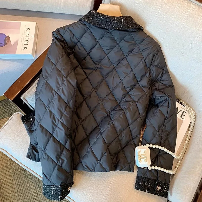 Bla Quilted Cotton Jaet Women's Winter Lightweight Diamond Pattern Faionable Design Casual Loose Fit Long Sve Coat
