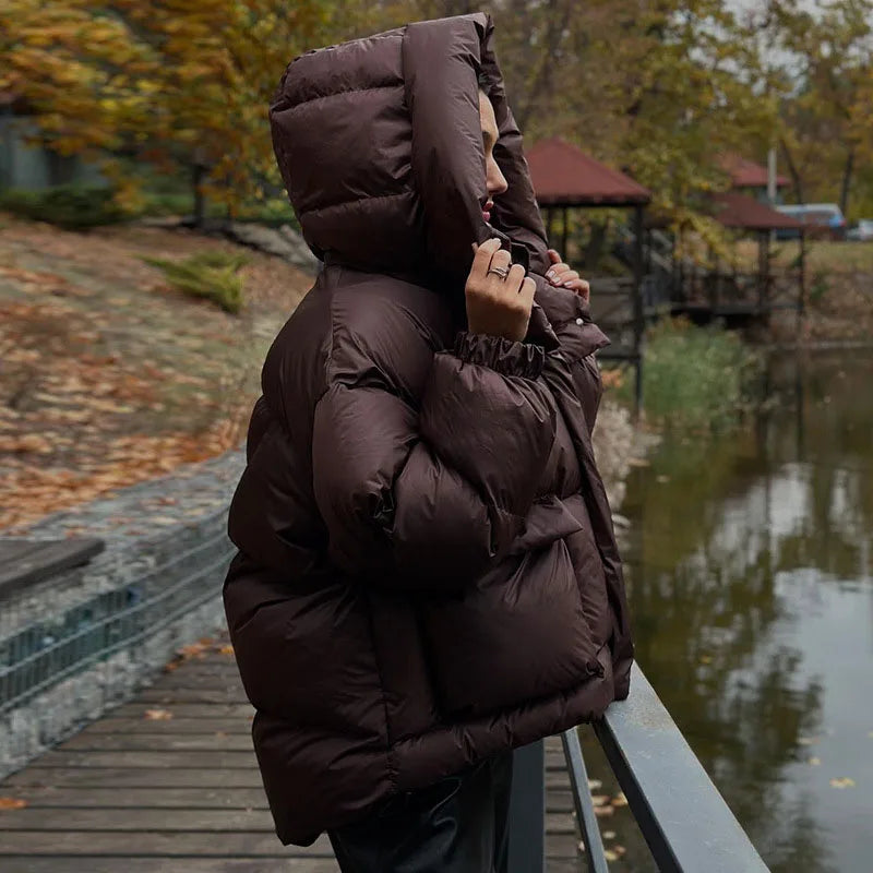 Casual Leopard Print Hooded Puffer Jacket Women Stand Collar Zipper Short Puffy Coat 2025 Winter Lady Street Warm Outerwears New