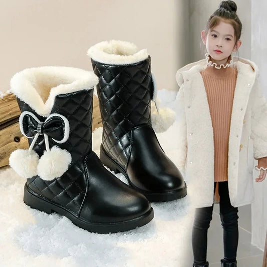 Stivali caldi da bambina con fiocco 2025, nuovi stivali da neve invernali per bambini con pelliccia, stivali da principessa alla moda per bambini, impermeabili con plateau