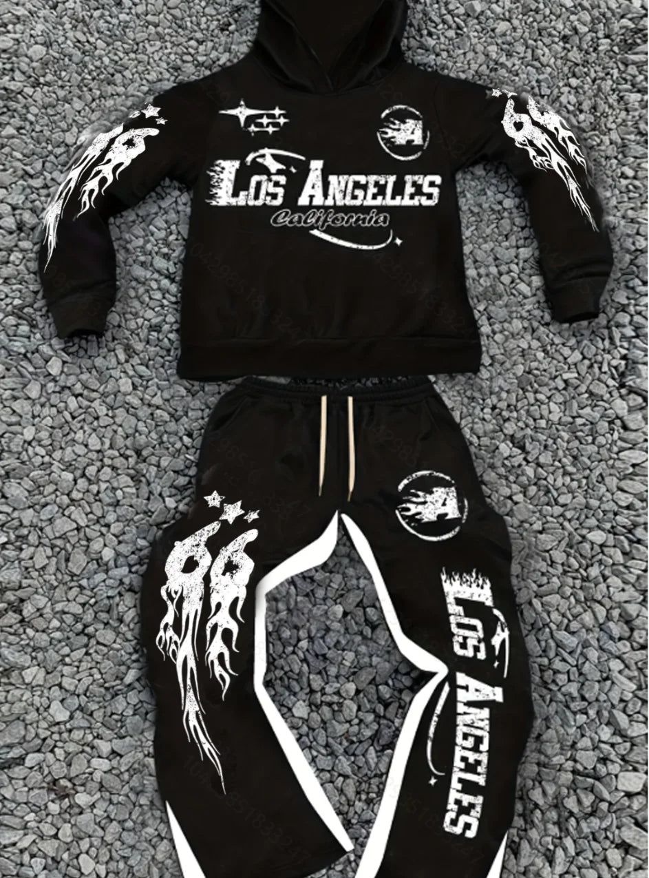 Men's Street - style Casual and Stylish Hooded Set with Black - and - White Color Blocking and Los Angeles Alphabet Print