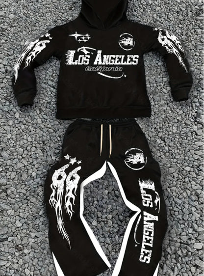 Men's Street - style Casual and Stylish Hooded Set with Black - and - White Color Blocking and Los Angeles Alphabet Print