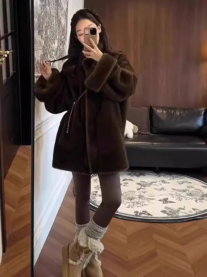 Cappotto in pelliccia di visone lungo e medio da donna in stile coreano, autunno inverno, collo alto, ecologico, tinta unita, spesso, caldo