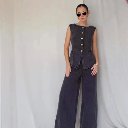 Completo da donna in denim, in cotone, con gilet senza maniche e jeans, tinta unita, stile americano, pantaloni larghi e dritti