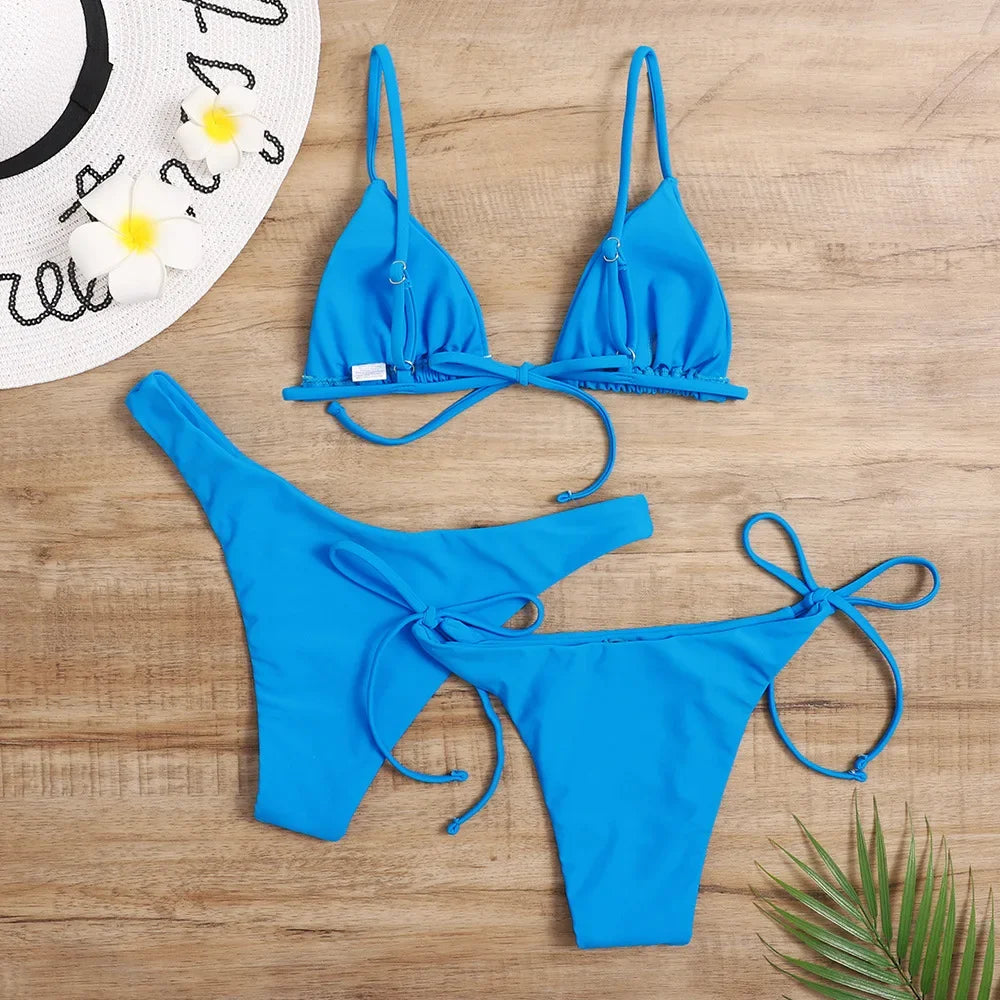 Sexy set bikini a 3 pezzi da donna, tinta unita blu e viola, push-up, a triangolo, costume da bagno brasiliano da spiaggia, costume da bagno bikini