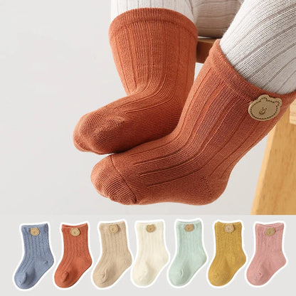 Calzini per neonati con orsetto, caldi per le gambe, autunnali, lunghi, in cotone morbido, tinta unita, primi passi, calzatura per neonati.