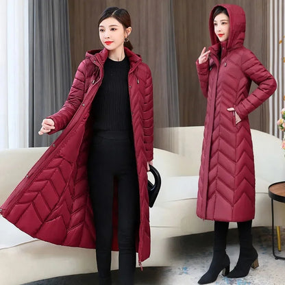 Women 2023 New Winter Long Plaid Parkas Loose Thicken Warm Hooded Coats Casual Zip Up Windproof Black White Down Jackets