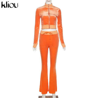 Kliou Solid Velour Set da donna in due pezzi, semplice e casual, con cerniera, manica lunga, dolcevita, top + pantaloni larghi e aderenti in pizzo