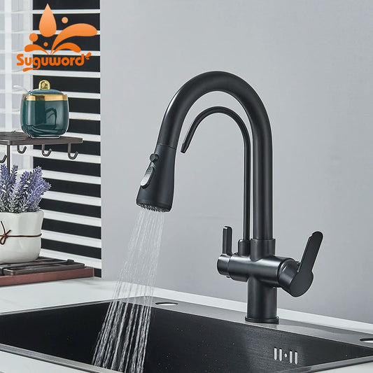 Black Filtered Faucet Brass Purifier Kitchen Faucet Dual Handle Drinking Water Vessel Sink Mixer Tap Torneira for Kitchen