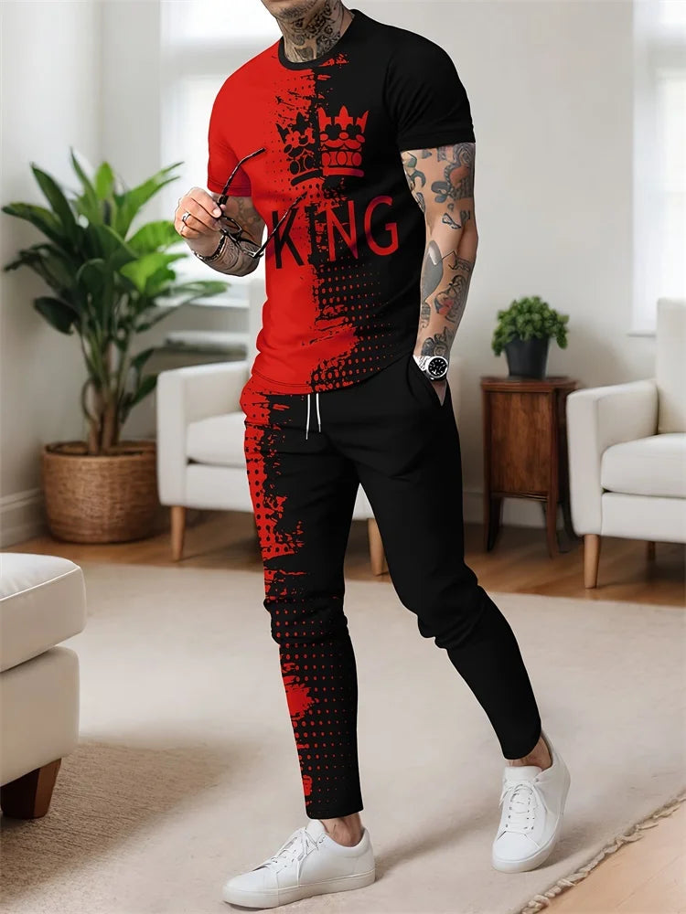 Abstract Zipper 3D Printed Men's Casual Thin Short-sleeved Long Pants Set, Urban Street Casual Fashion Men's 2pcs Long Pants Set