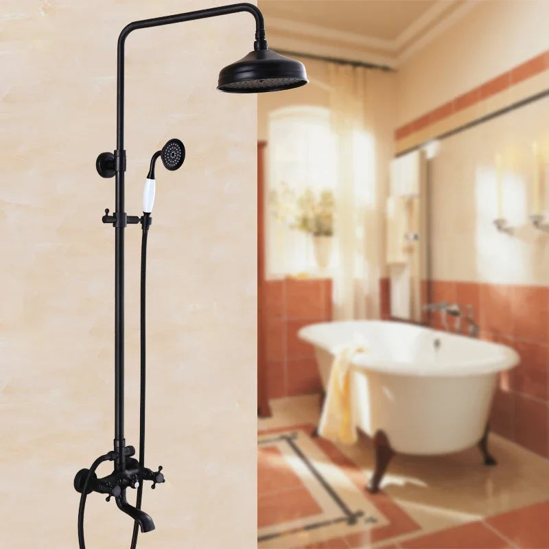 Bathroom Antique Black Painting Brass Lifting Column Wall Mount Shower Set 8" 3-Functions Hot Cold Rainfall Shower Mixer Tap