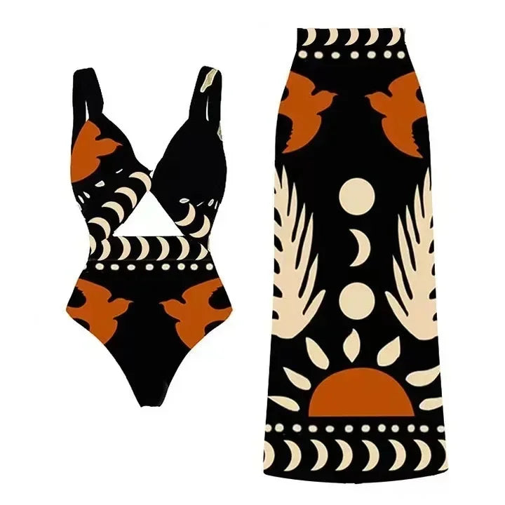 Bikini sexy a vita alta con stampa di uccelli in rete, set da 3 pezzi, costume da bagno intero alla moda con intagli, nuovo pareo da spiaggia 2024, monokini