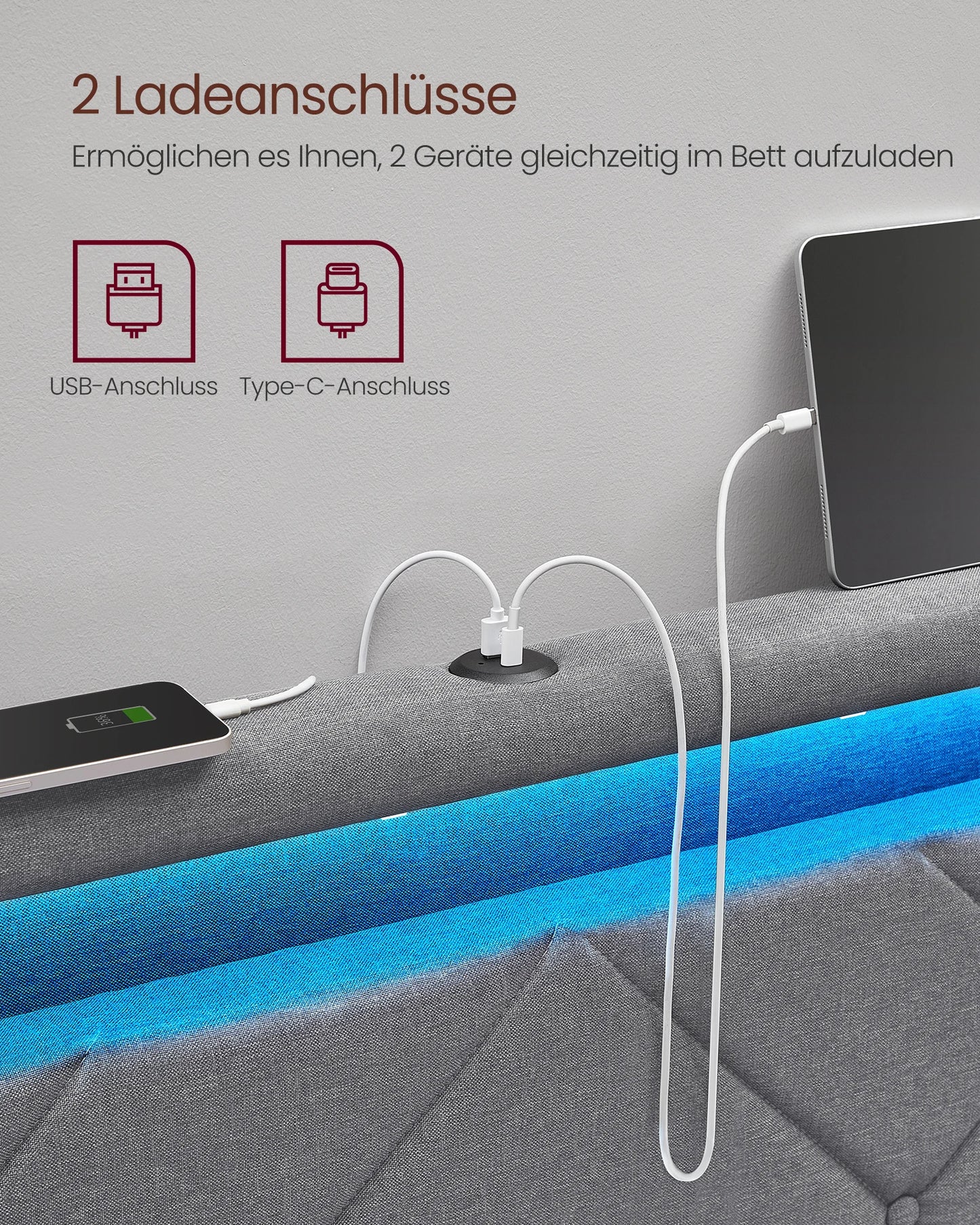 VASAGLE Letto imbottito, struttura letto matrimoniale, struttura letto, letto in metallo (LED, 4 cassetti, stazione di ricarica)