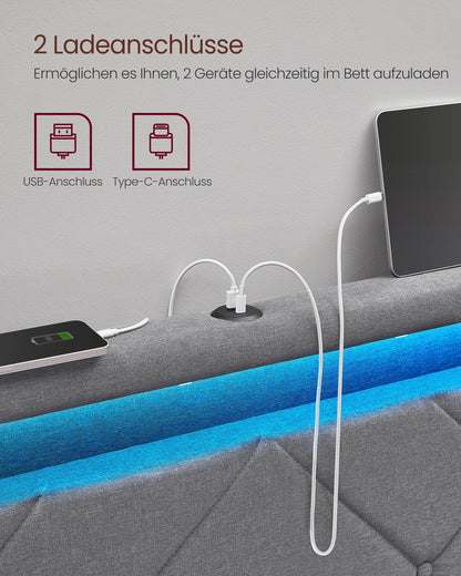 VASAGLE Letto imbottito, struttura letto matrimoniale, struttura letto, letto in metallo (LED, 4 cassetti, stazione di ricarica)