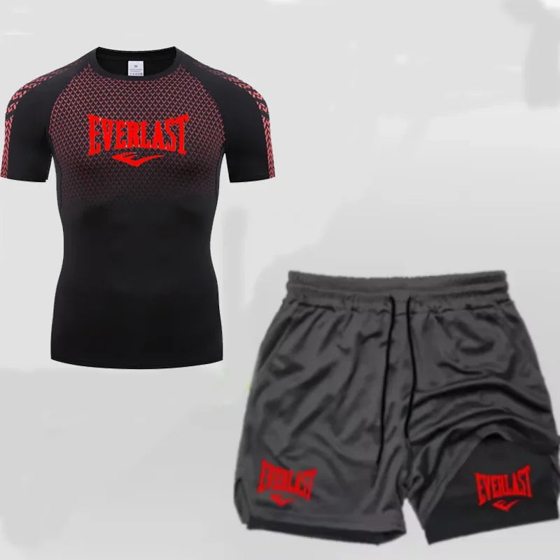 EVERLAST Maglietta a compressione da uomo + pantaloncini sportivi 2 in 1 Set 2 pezzi Tempo libero Traspirante Manica corta Sport Jogging Palestra Abbigliamento di marca Stampa
