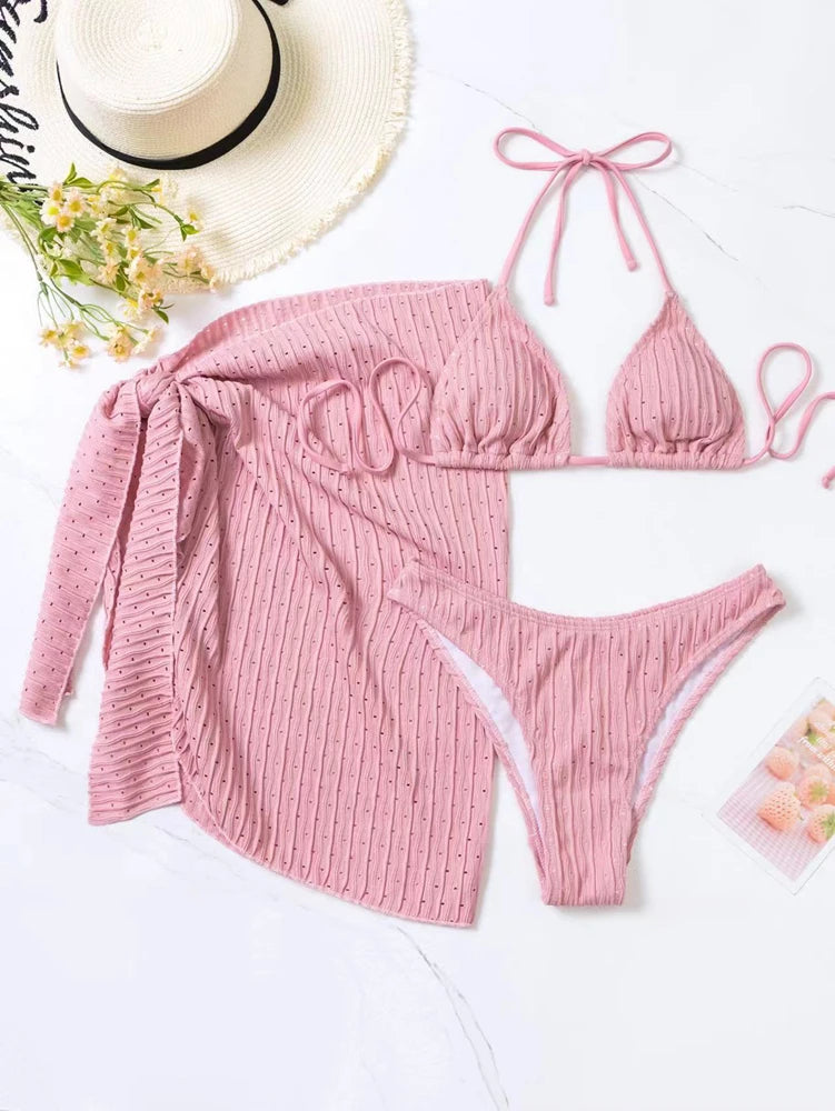 Bikini estivo 2025 a 3 pezzi con allacciatura al collo, costume da bagno sexy a perizoma in materiale speciale con gonna pareo, bianco/nero/rosa/verde, abbigliamento da spiaggia.