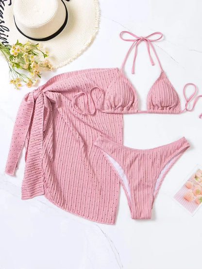Bikini estivo 2025 a 3 pezzi con allacciatura al collo, costume da bagno sexy a perizoma in materiale speciale con gonna pareo, bianco/nero/rosa/verde, abbigliamento da spiaggia.