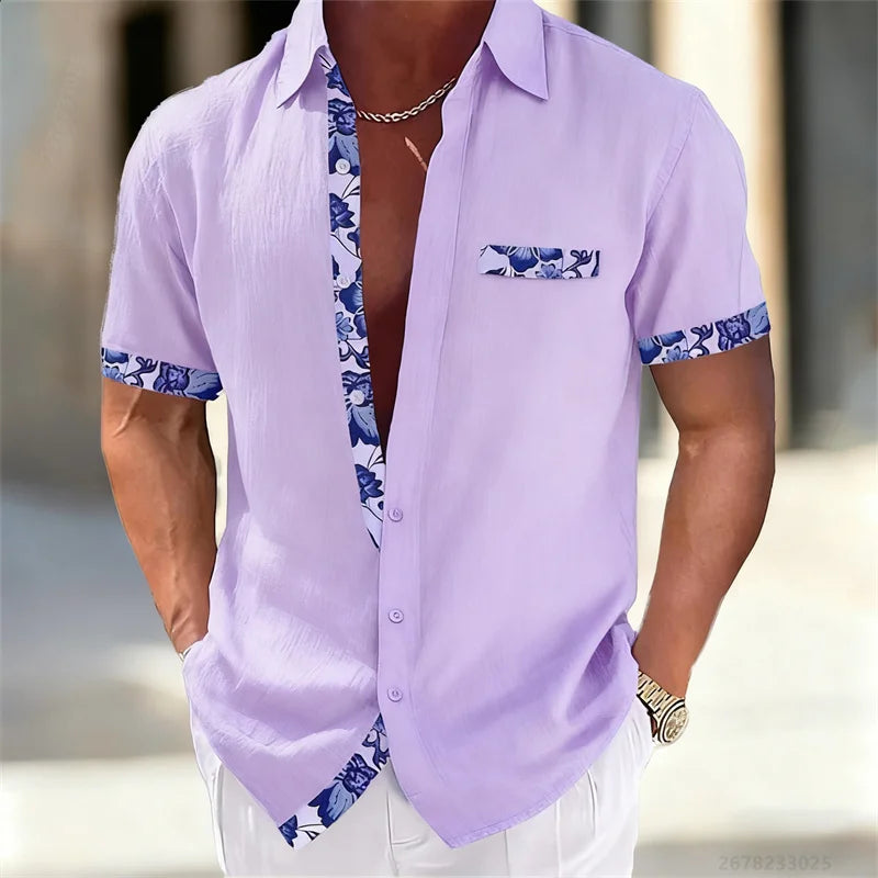 Camicia da uomo a maniche corte con patchwork in porcellana blu e bianca retrò, camicia casual in cotone e lino traspirante, vestibilità ampia, taglie dalla XS alla 6XL