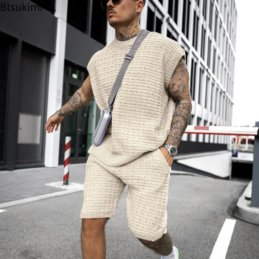Nuovi completi casual da uomo 2026 a due pezzi per l'estate, con maglietta senza maniche tinta unita e pantaloncini, set da tuta streetwear da uomo.