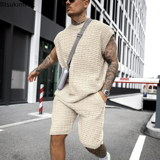 Nuovi completi casual da uomo 2026 a due pezzi per l'estate, con maglietta senza maniche tinta unita e pantaloncini, set da tuta streetwear da uomo.