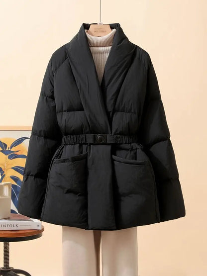 Nuovo cappotto invernale da donna in cotone, caldo, tinta unita, con scollo a V, vita arricciata, parka con cintura.