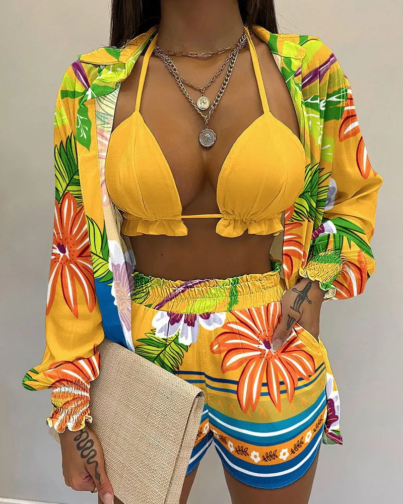 Three Pieces Swimwear Sexy Beachwear 2024 New Bathing Suit Shorts Cover Up Summer High Waist Bikini Set Print Women's Swimsuit