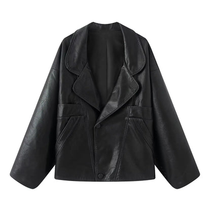 Giacca da donna americana retrò autunno 2025 in ecopelle nera lavabile, con revers, 3 bottoni, maniche lunghe, cappotto oversize, ampio e corto.