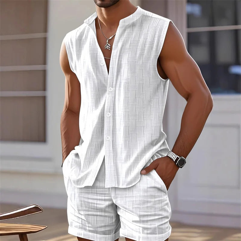 Completo da uomo 2025 composto da canotta, top senza maniche e pantaloncini a quadri, set casual e alla moda con pantaloncini senza maniche in stile hawaiano per la spiaggia.