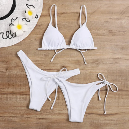 Sexy set bikini a 3 pezzi da donna, tinta unita blu e viola, push-up, a triangolo, costume da bagno brasiliano da spiaggia, costume da bagno bikini