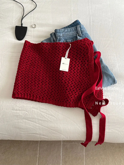 2025 Hollow out Knitted Mini Skirt with Belt Design Covering Hip Women's Layered Fashion Short Skirt Fresh Sweet Style