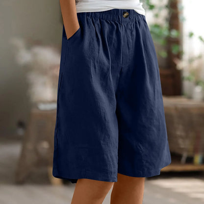 Female Fashion Solid Color Elastic High Waist Pocket Button Up Loose Cotton Linen Five Length Shorts Summer Soft Comfort Pants