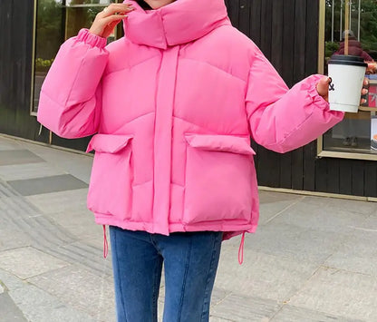 New Winter Fashion Long Sleeve Stand Up Collar Zipper Loose Solid Color Thick Hooded Down Jacket For Women,7 Colors