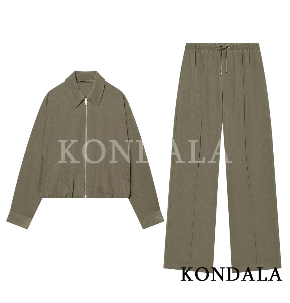KONDALA Set di pantaloni casual alla moda da donna, eleganti, stile High Street, con risvolto largo, giacca con cerniera, pantaloni con coulisse, set per le vacanze primaverili 2026