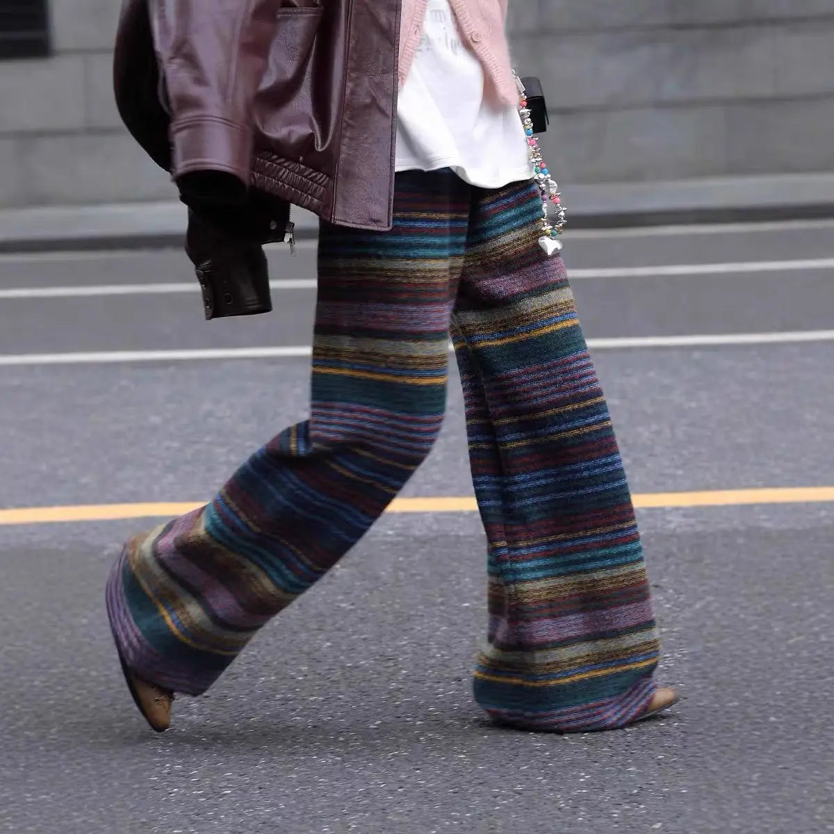 Retro Striped Contrasting Needle Long Leg Pants For Women In Autumn And Winter, New Loose Woolen Casual Fashion Pants