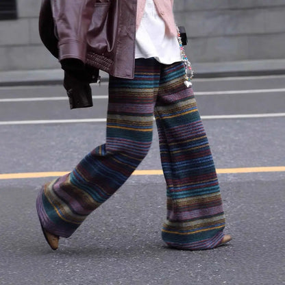 Retro Striped Contrasting Needle Long Leg Pants For Women In Autumn And Winter, New Loose Woolen Casual Fashion Pants
