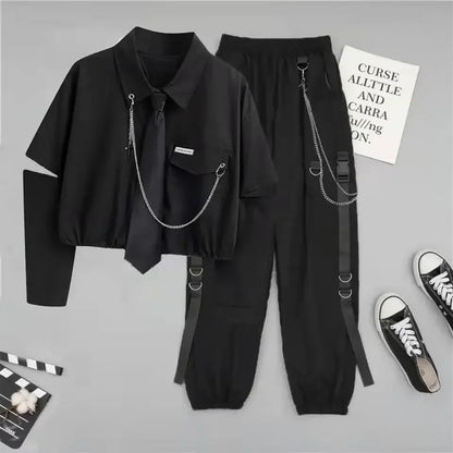 2 Two Piece Sets Outifits For Women New Suit Female Student Korean Loose Long Sleeve Shirt + High Waist Cargo Pants Joggers