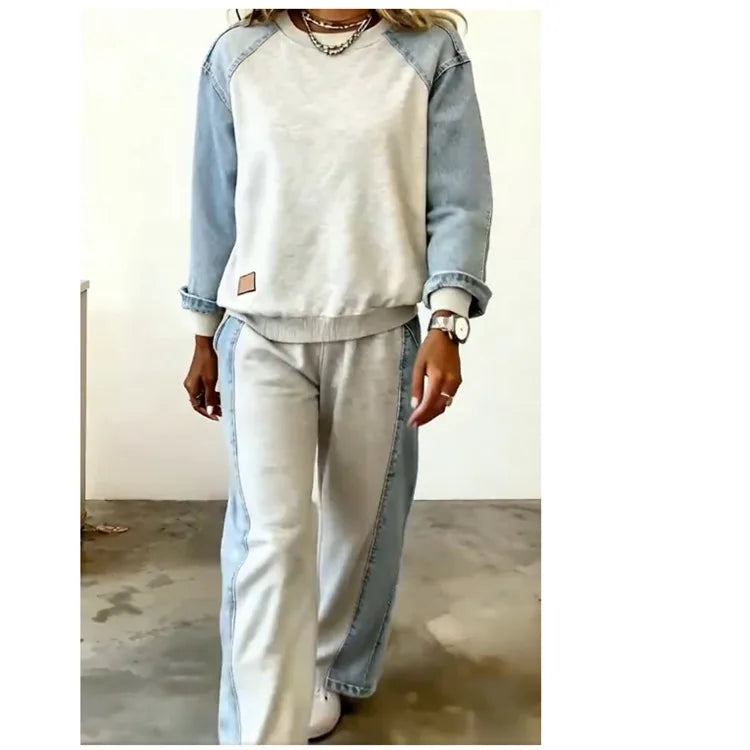 Autumn Winter Sports Style Suit Spliced long-sleeved Round Neck Long-sleeved Pullover Sweatshirt Wide-leg Trousers 2-piece Set