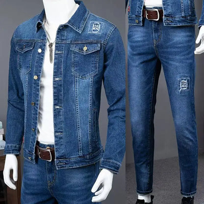 Spring Autumn New American Denim Jacket Jeans Set Classic Cowboy Jeans Trendy Two-Piece Sets Versatile Outerwear Casual Coat