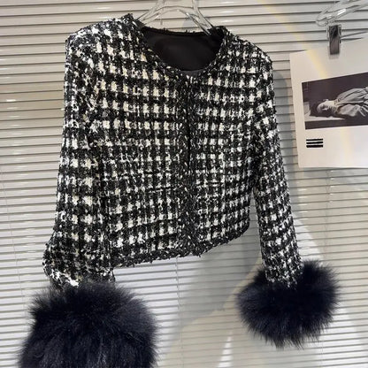 Chic Sequins Coarse Tweed Quilt Liner Plaids Blazer Jacket Checked Cotton Padded Coat OL Faux Fur Cuff Cardigan Long Sleeve Tops