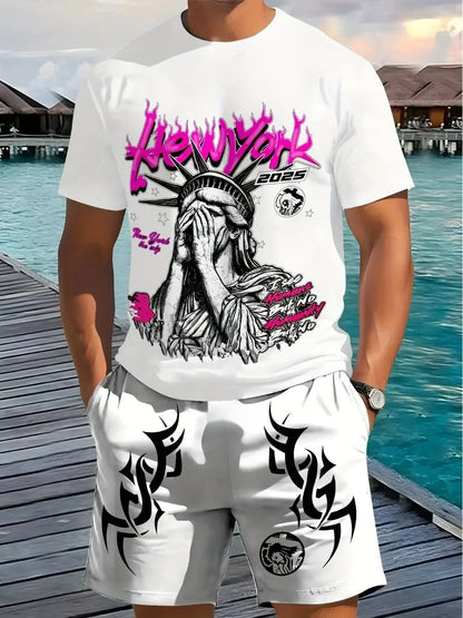 Nuovo set da uomo di tendenza con stampa della Statua della Libertà, composto da t-shirt girocollo traspirante e pantaloncini, comodo per le attività all'aperto.