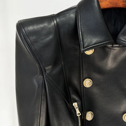 High quality 2025 designer fashion personality shrugged double breasted zipper short women's motorcycle leather jacket