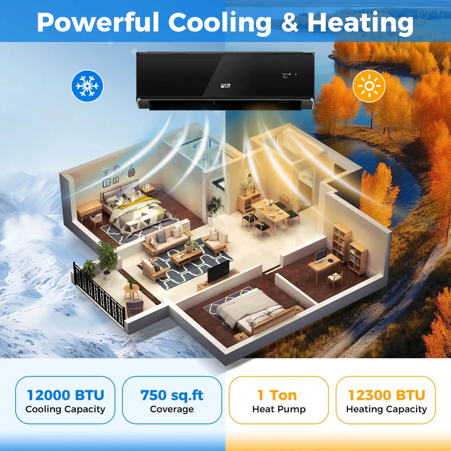 Mini condizionatore d'aria split da 12000 BTU con Wi-Fi e riscaldamento con pompa di calore