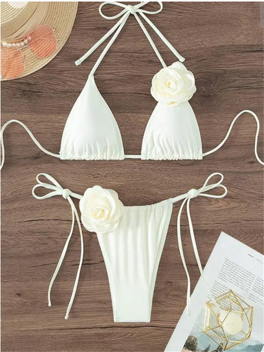 Set bikini sexy da donna, costume da bagno 2024, nero e bianco, stampa floreale 3D, micro bikini, costume da bagno brasiliano con ritagli, perizoma.