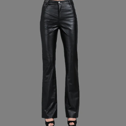 Pantaloni da donna in pelle, vita media, svasati, vera pelle di pecora, pantaloni da ufficio, taglie forti, pantaloni casual in pelle, primavera e autunno