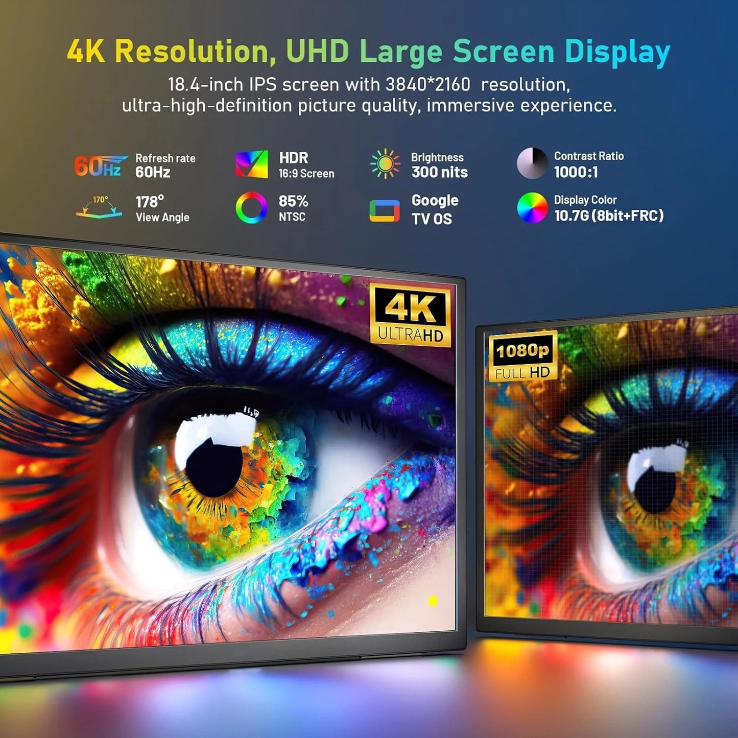 UPERFECT 18.5 Inch 4K Portable Monitor Gaming PC Displays IPS HDR Laptop TV External Second Screen With VESA Stand Type-C HDMI