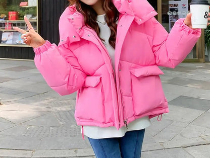 New Winter Fashion Long Sleeve Stand Up Collar Zipper Loose Solid Color Thick Hooded Down Jacket For Women,7 Colors