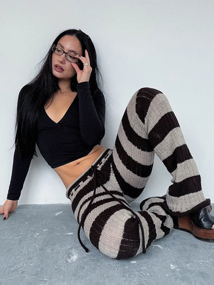 Nibber Autumn Trend Long Pants Woman Stripe Patchwork Crochet Shirring Elastic High Waist Skinny Peach Hip Street Style Bottoms