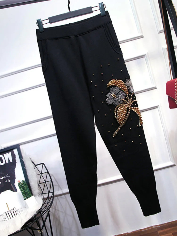 DEAT Completo da donna in due pezzi con perline, maglia a fiori, elastico in vita, pantaloni lunghi, nuova moda primavera estate 2025, completo 11B795