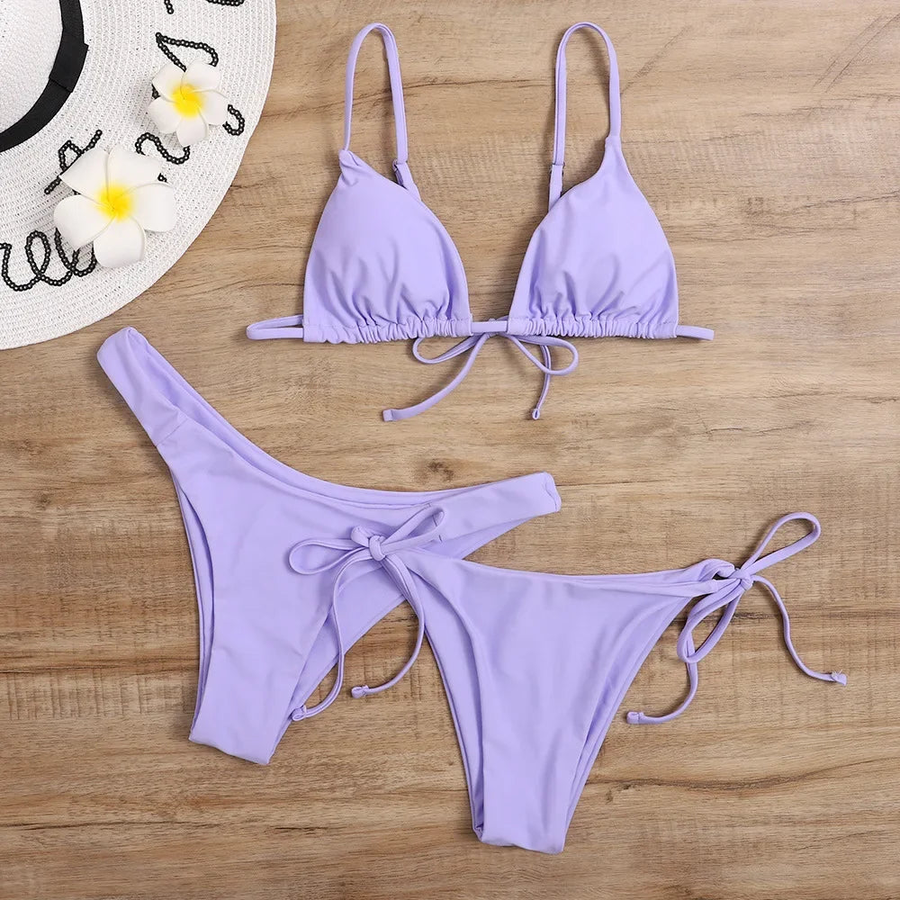 Sexy set bikini a 3 pezzi da donna, tinta unita blu e viola, push-up, a triangolo, costume da bagno brasiliano da spiaggia, costume da bagno bikini
