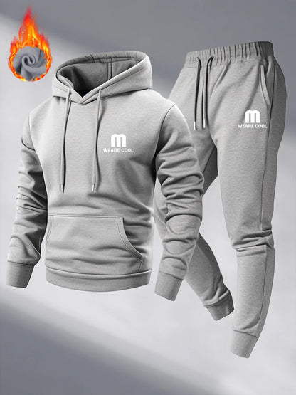Winter and autumn fleece thickened hooded pullover sweater jacket for men, casual sports outfit, two-piece set for men