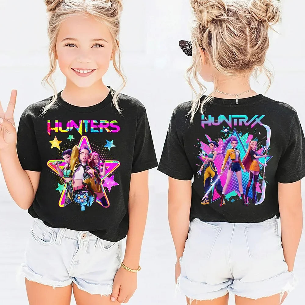 T-shirt per bambini in puro cotone con stampa fronte-retro a tema K-Pop "Demon Hunters" di HUNTRX, un vero successo di vendite.